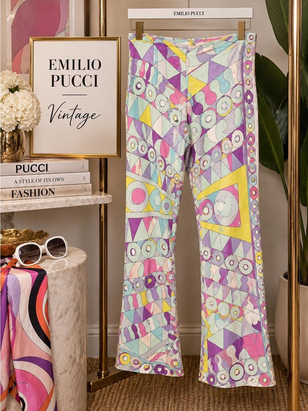 Emilio Pucci Pastel Geometric Flare Pants very vintage need repair waist elastic - Picture 2 of 11